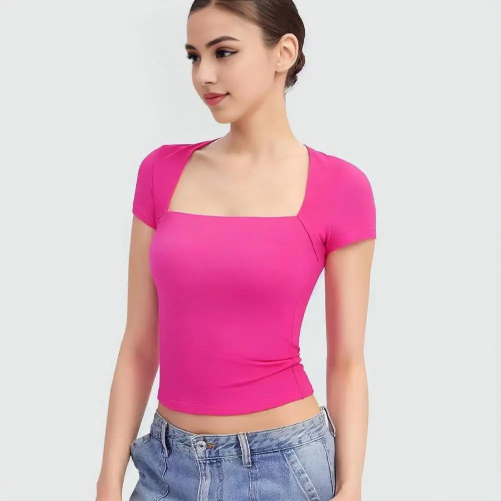

Elegant Commuting Style Tee Shirt Stylish Women's Square Neck Tee Shirt Collection Slim Fit Short Sleeve Tops for Summer