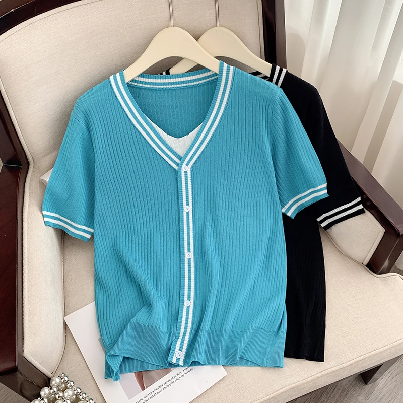 

Plus Size L-4XL Summer Stripe Knit Pullover For Women Short Sleeve Fake Two Piece Sweater Tops Oversize Free Shipping Clothing