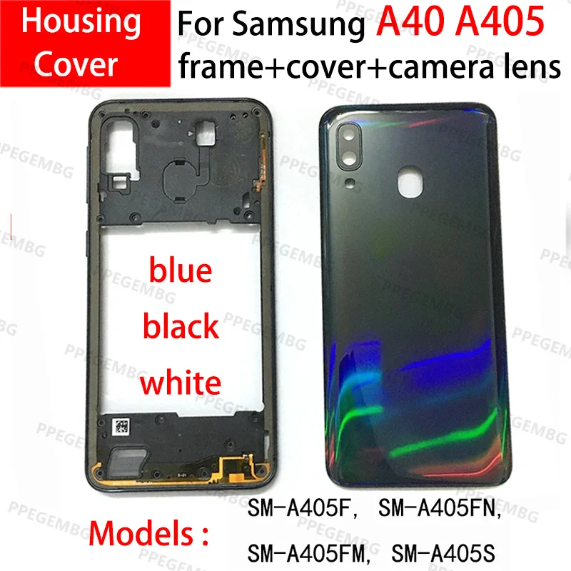 Для SAMSUNG Galaxy A40 2019 A405 SM-A405F A405DS крышка корпуса телефона средняя рамка + задняя крышка батарейного отсека + объектив камеры