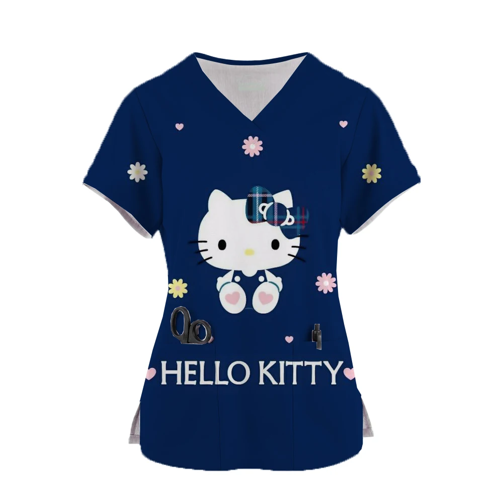 thumbnail image 1 of Uniforme de enfermera kawaii con estampado de Hello Kitty para mujer, blusa de manga corta con bolsillos, uniformes médicos de enfermería, 1 of 5