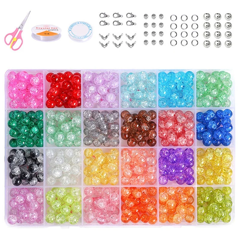 

8Mm Round Cracked Glass Beads Kit For Jewelry Making 24 Colors For Bracelets Jewelry Making And DIY