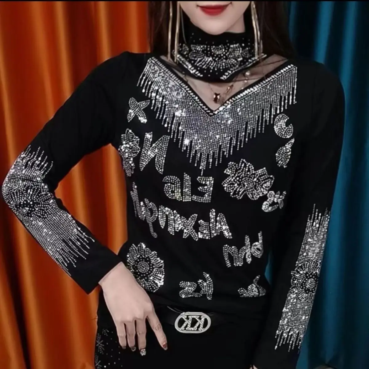 Autumn winter sequin glossy gold turtleneck long sleeve jumpers Splicing warm slim plus size women tops pullovers fashion niche lazy loose irregular tassels black ripped sweater women jumpers vintage casual o neck long sleeve hole knit top