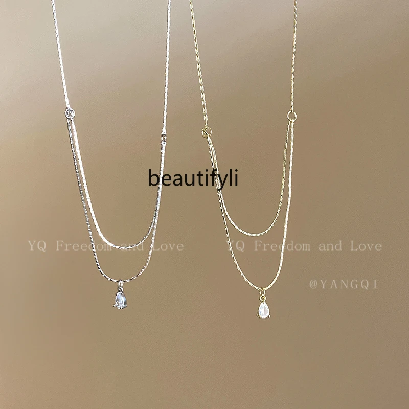 Silver Water Drop Double Layer Twin Necklace Accessories Women's High-Grade Clavicle Chain Niche Temperament Necklace Jewelry