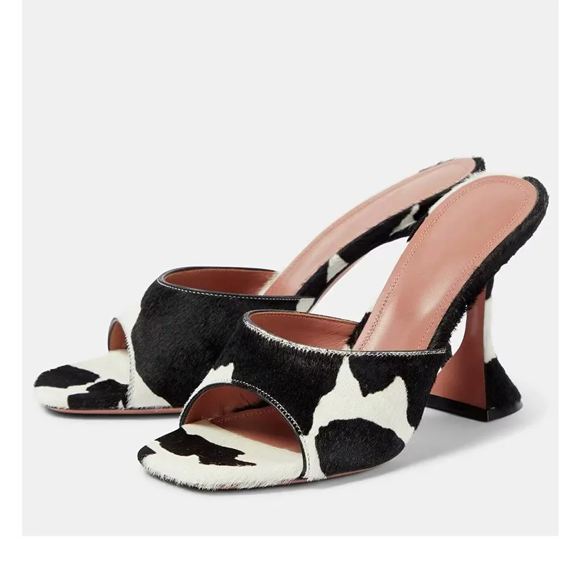 

Horsehair Peep Toe Slippers Color Block Sandals Women Summer Heelless Leather High-Heeled Lazy Mules Sandalias Mujer Verano