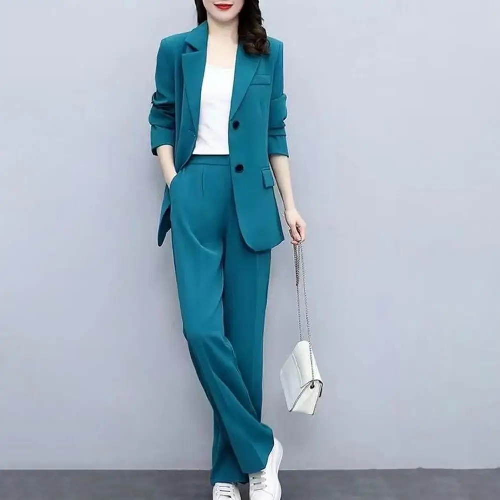 Loose Fit Suit Formal Business Style Women's Coat Pants Suit Set with Lapel Button Closure Cardigan Wide Leg Trousers for Work pure titanium work belts buckle closer closure for 35mm and 38 mm belt