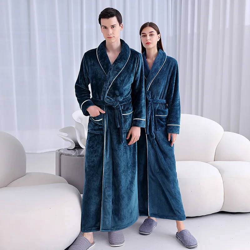 2024 Women Winter Solid Color Long Warm Flannel Bathrobe Plus Size Thick Bath Robes Men Sleepwear Solid Dressing Gown
