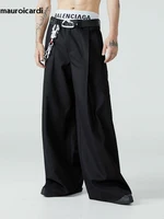 Mauroicardi Spring Autumn Long Loose Casual Baggy Flowy Soft Black Pleated Wide Leg Pants Men Luxury Designer Emo Clothing 2024 2