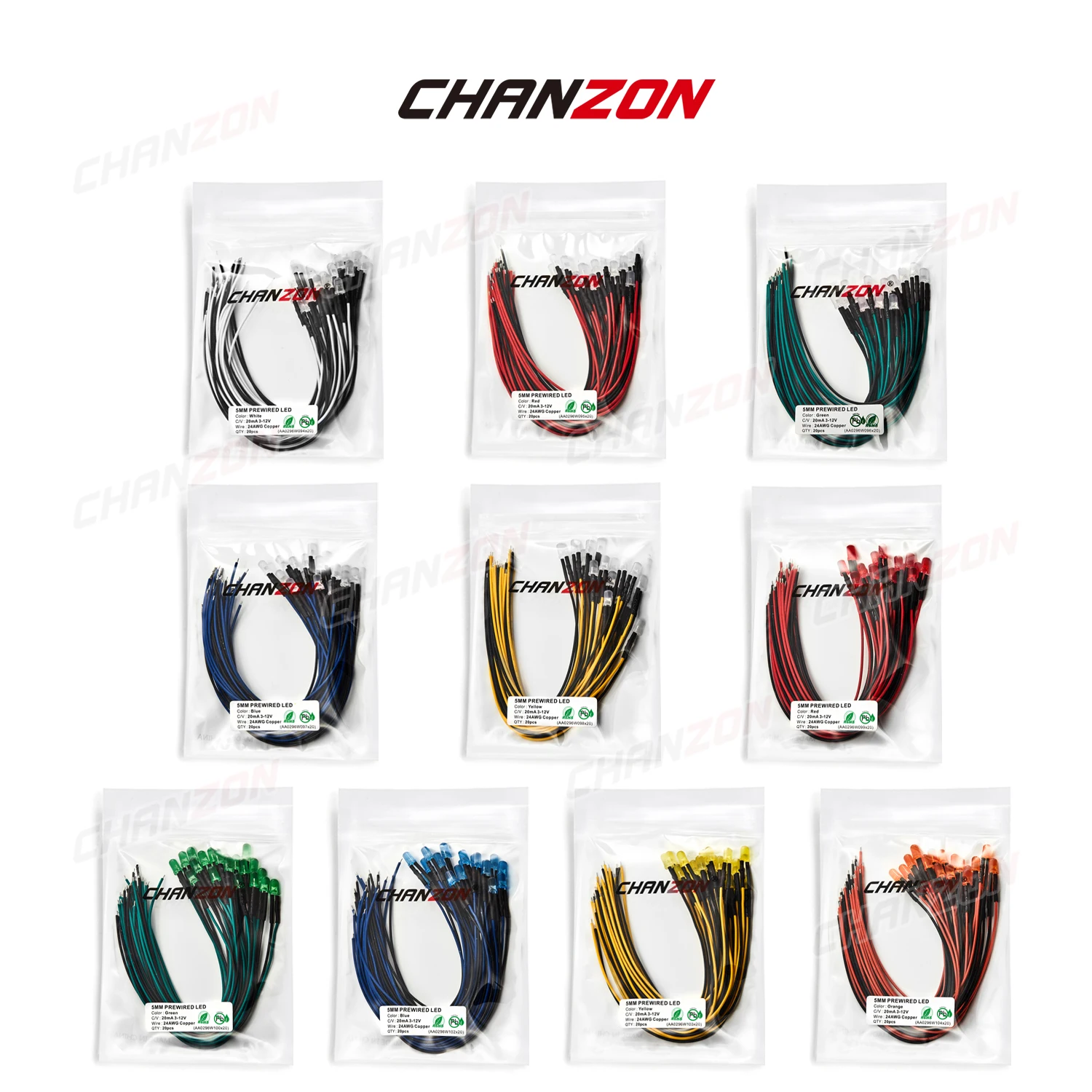 12V 5mm LED Diode Kit White Red Green Blue Yellow Orange Prewired 5 9 12 V Diffused Light Emitting Indicator Assortment Assorted led diode