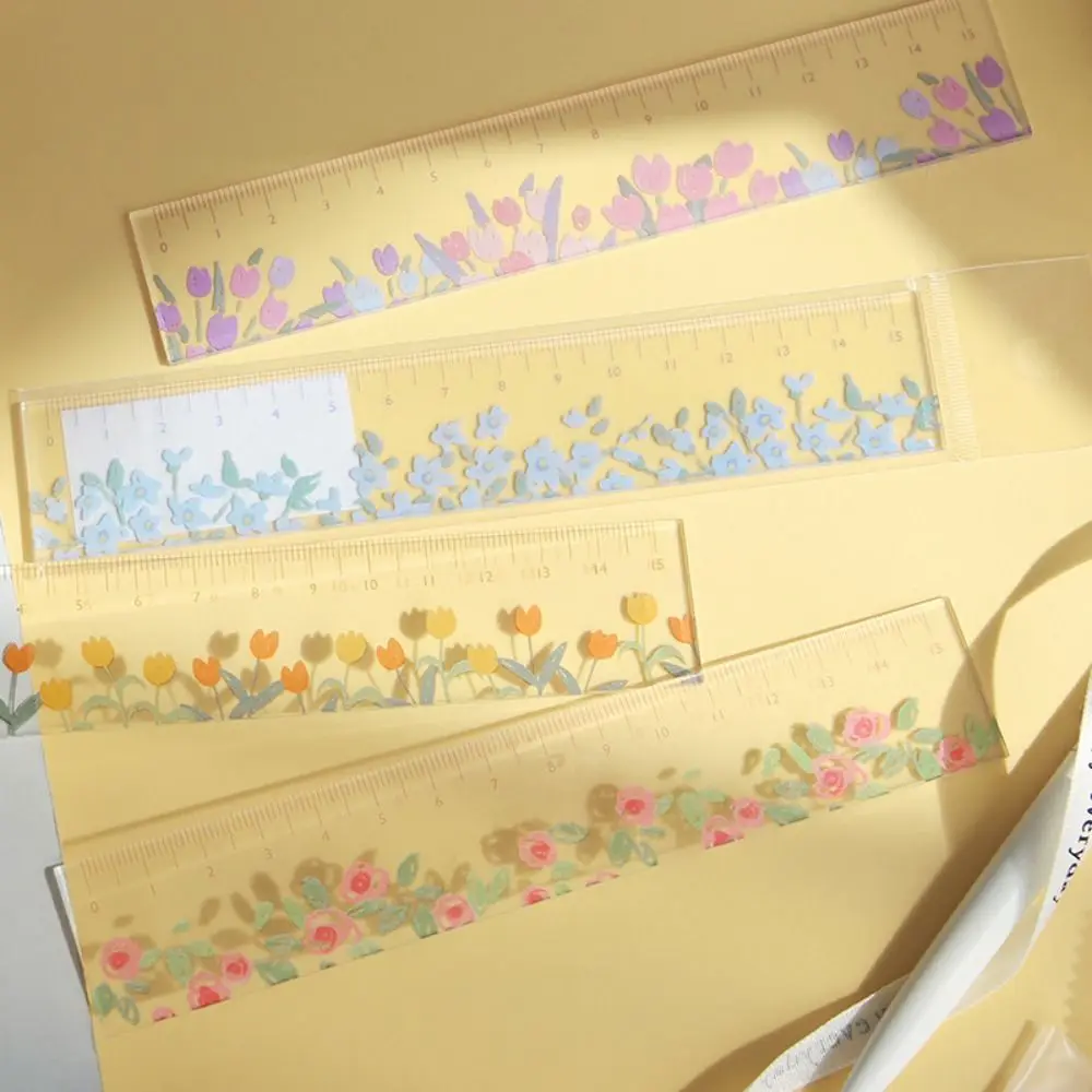 15cm Straight Ruler Creative Transparent Multifunction Flower Bookmark Tulip Acrylic Drafting Ruler Student