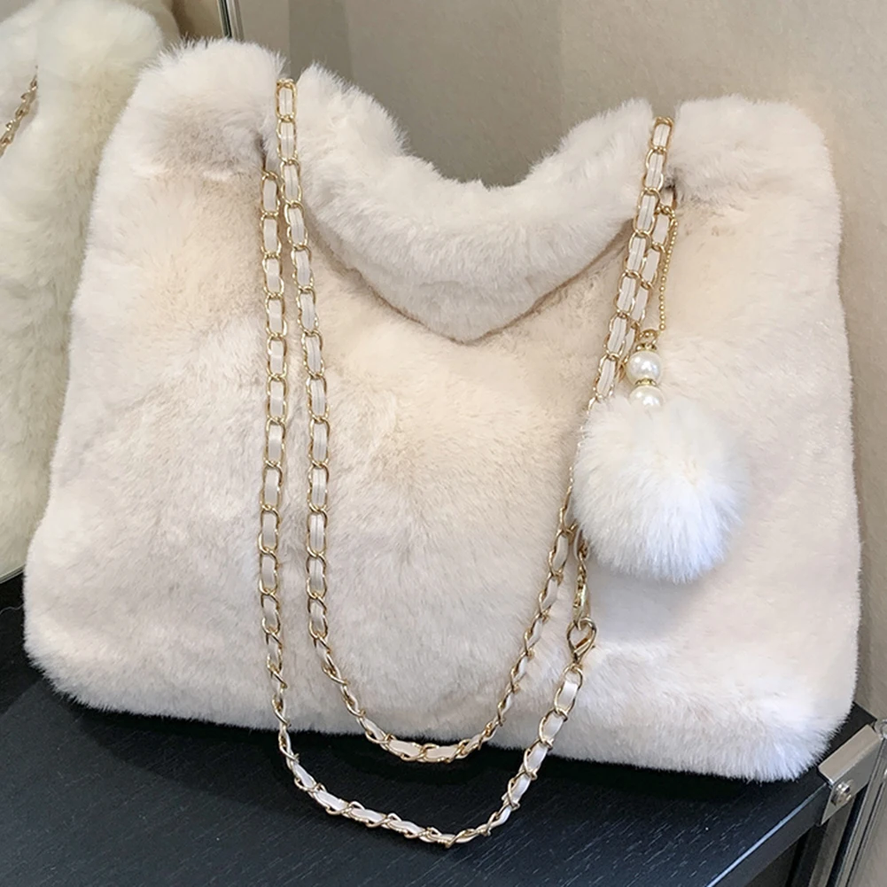 

Women Fluffy Crosssbody Bag Soft Plush Satchel Bag Faux Fur with Pendant Large Capacity Female Fashion Travel Bag