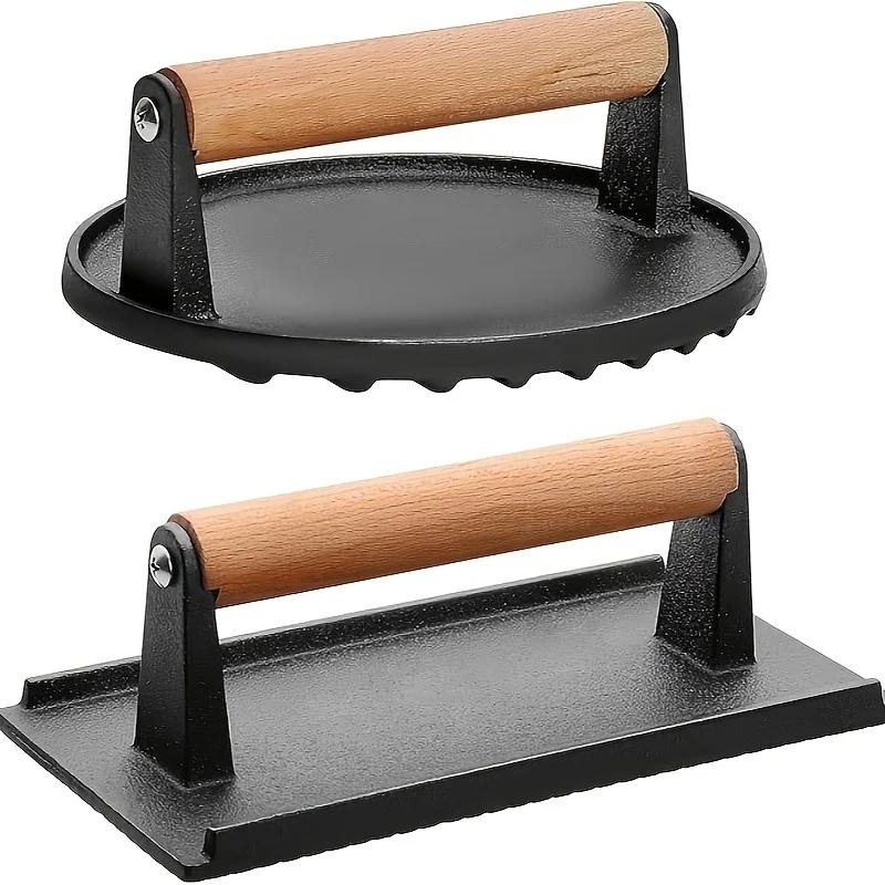 [Cast Iron Meat Press] 1pc/2pcs Cast Iron Meat Press-Non-Stick Uncoated Hamburger Press-Square Round Thickened