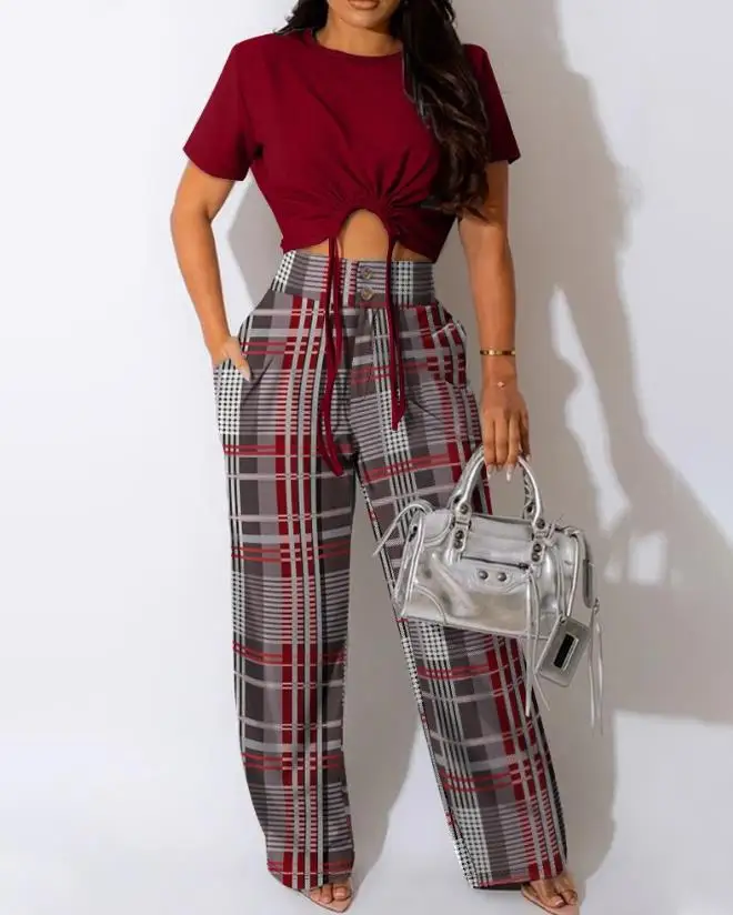 Two Piece Set Women Outfit 2023 Summer Fashion Drawstring Round Neck Short Sleeve Crop Top & Plaid Print Buttoned Pants Set