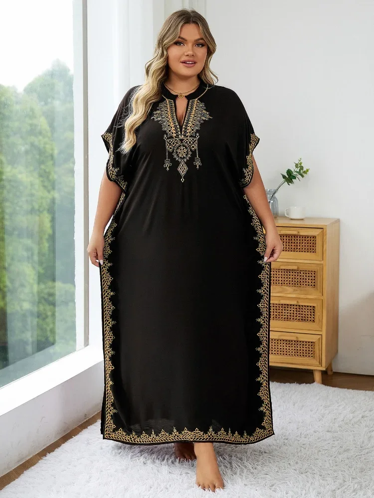 

Женское длинное платье с вышивкой, Черный Кафтан с воротником-стойкой и золотой вышивкой, мягкая женская блузка, модель Q1545