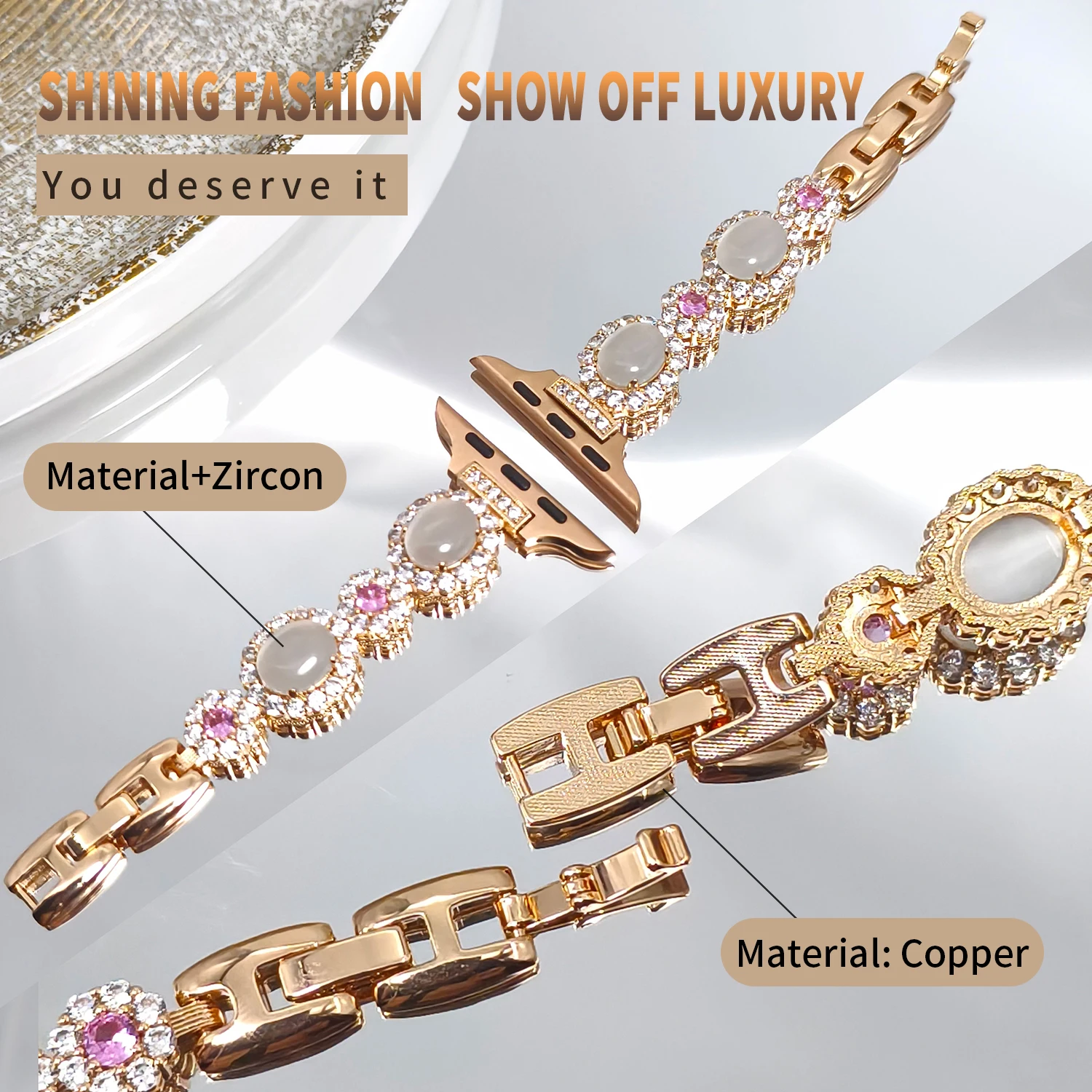 Luxury Zircon Bracelet with Fashionable Copper Metal Strap