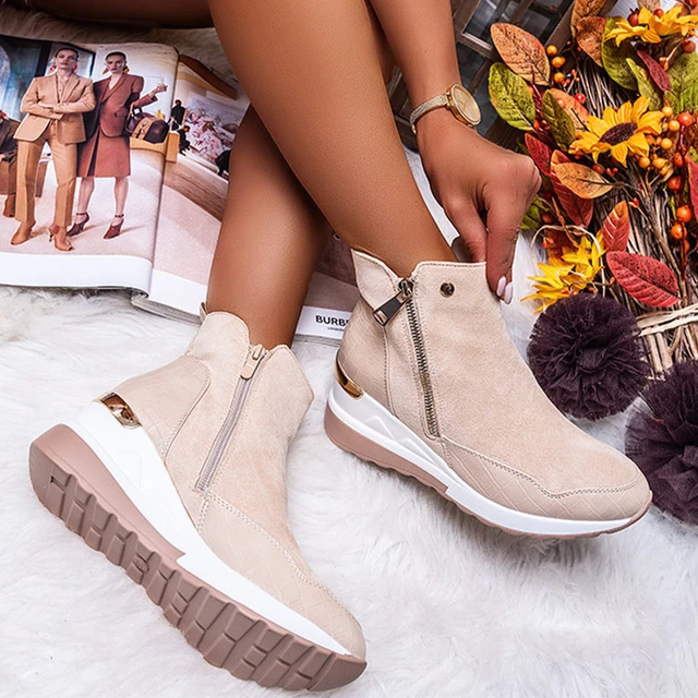 Women Boots 2023 Suede Leather Patchwork Wedge Heels Platform Boots