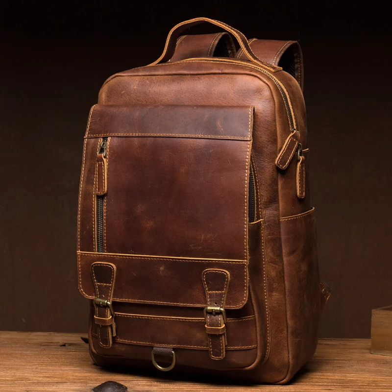 Men's crazy horse leather shoulder bag handmade backpack leather travel bag retro leather shoulder bag
