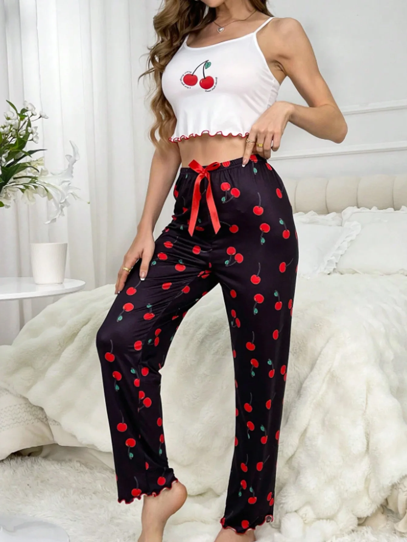 Y2K Coquette Cherry Print Pajama Set Womens Cami Crop Top Pants Two Piece Sleepwear Loungewear Summer Spring Autumn Outfits