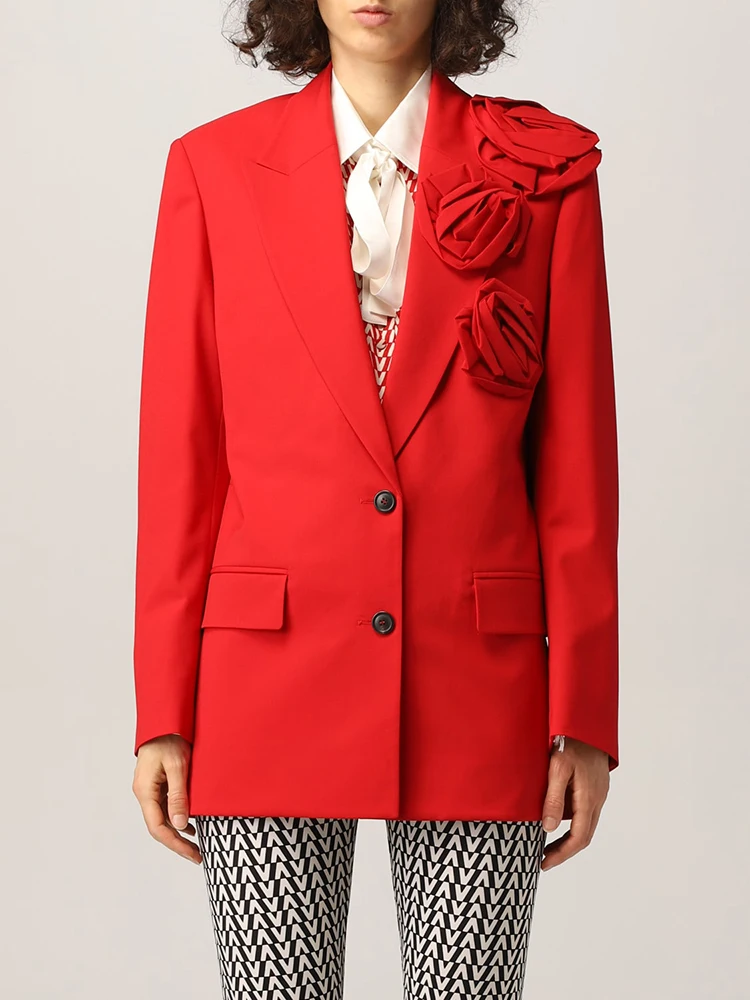 TWOTWINSTYLE Solid Spliced Appliques Blazer For Women Notched Collar Long Sleeve Patchwork Pocket Elegant Chic Blazers Female