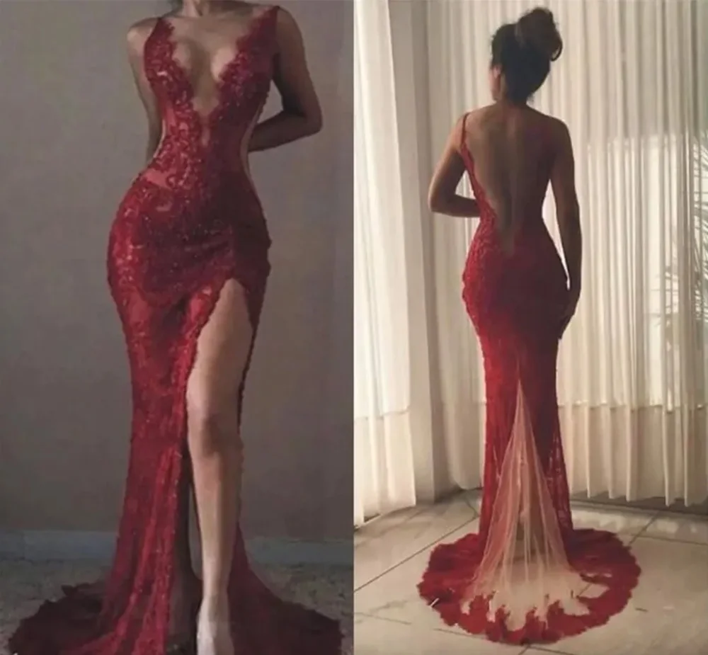 

Sexy Red Mermaid Prom Party Gown V-Neck Floor-Length Sweep Train Applique Lace long Backless Thigh-High Slits Illusion Custom