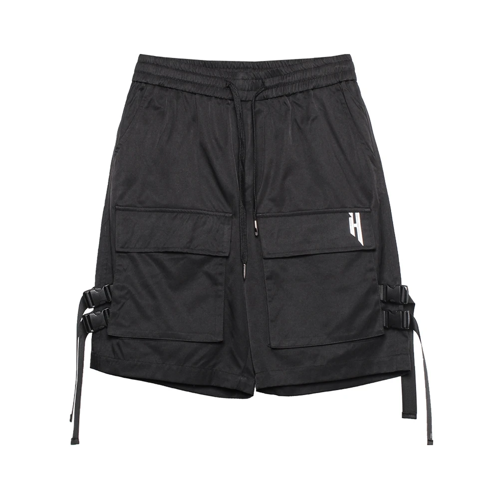 AOGZ Embroidered Ribbons Hip Hop Cargo Shorts Pants Men Streetwear Pockets Knee Length Pants Loose Casual Shorts Elastic Waist