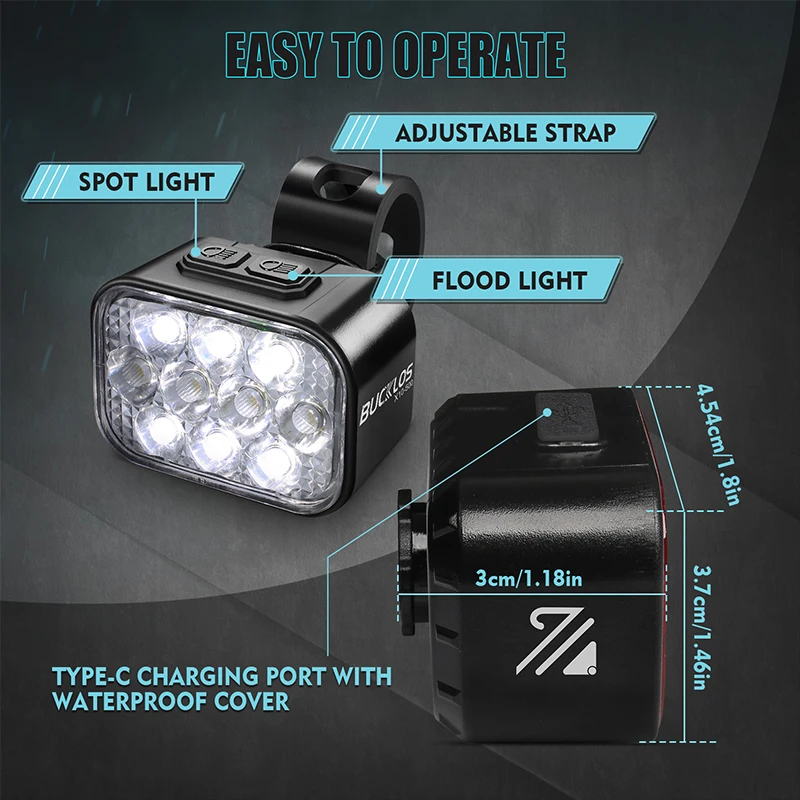 BUCKLOS Luci per bicicletta 10 LED Luci posteriori anteriori per ciclismo notturno 1100/350mAh Lampade per bici impermeabili Tipo-c Luce per bici ricaricabile - immagine 4
