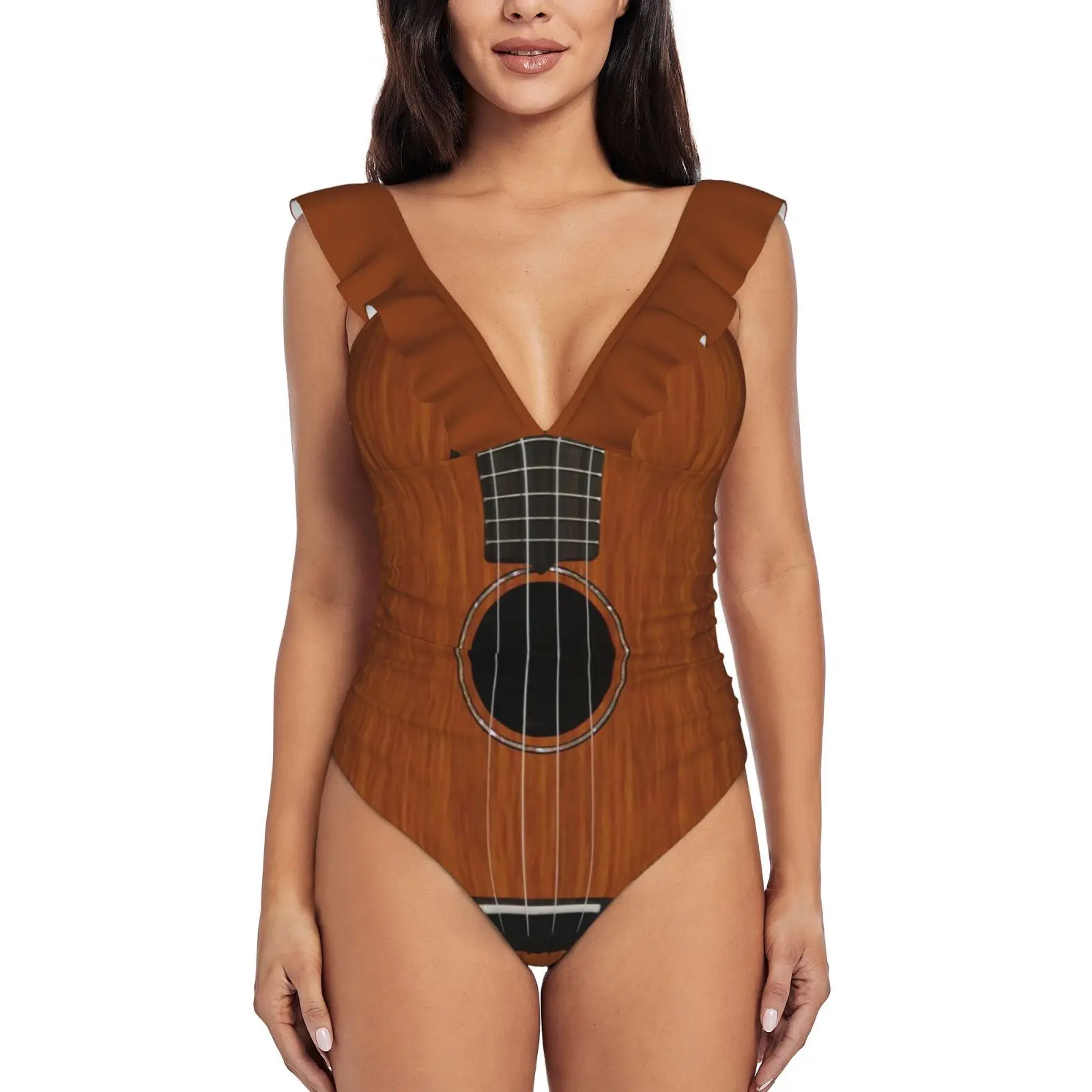 

Ukulele New Print Swimwear Deep-V Ruffle Swimsuit One Piece Swimsuit Beach Wear Monokini Ukulele Ukuleles Instrument