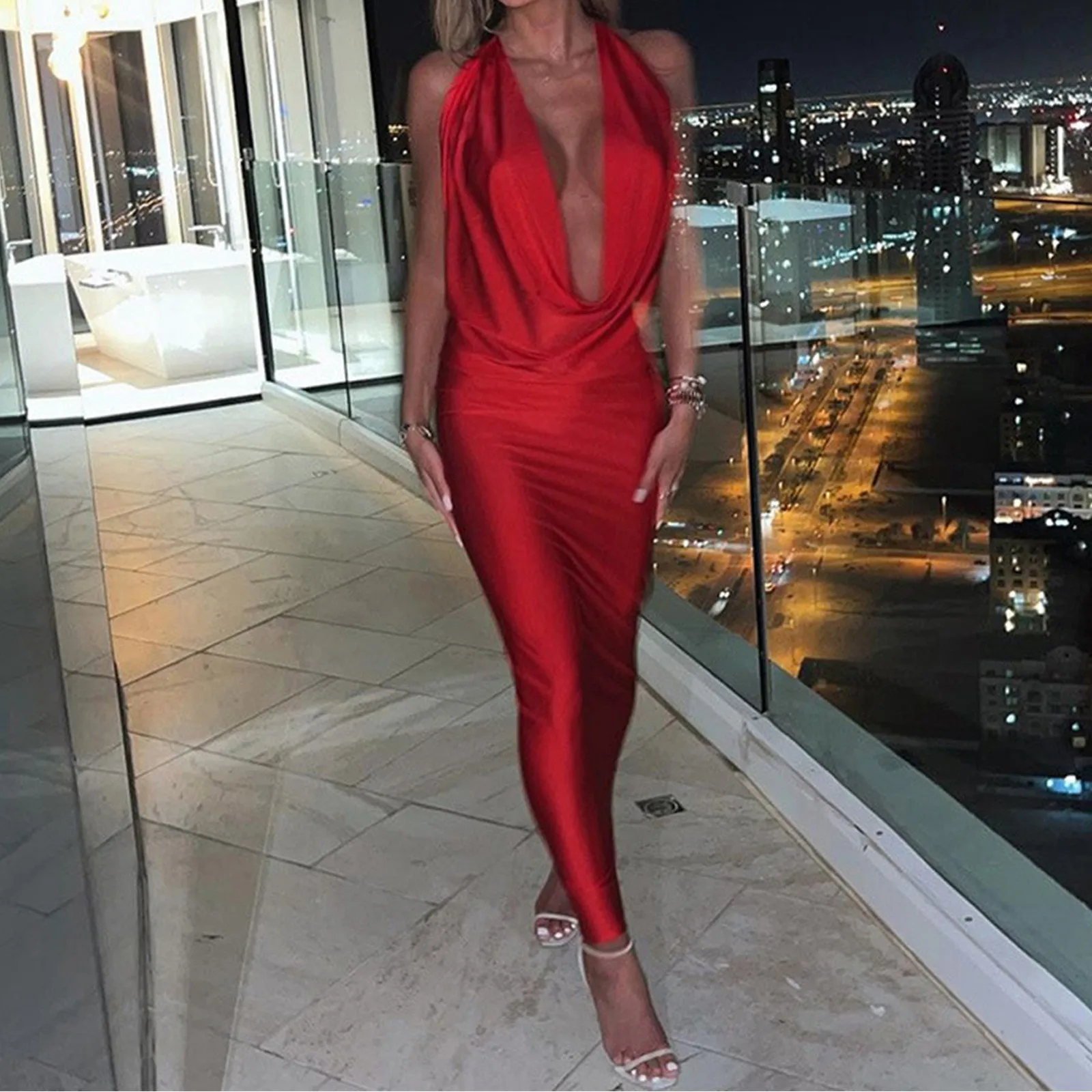 

Women's Dresses Cowl Neck Halterneck Slip On Backless Satin Midi Dress Sexy Club Slim Bodycon Party Dresses vestido feminino
