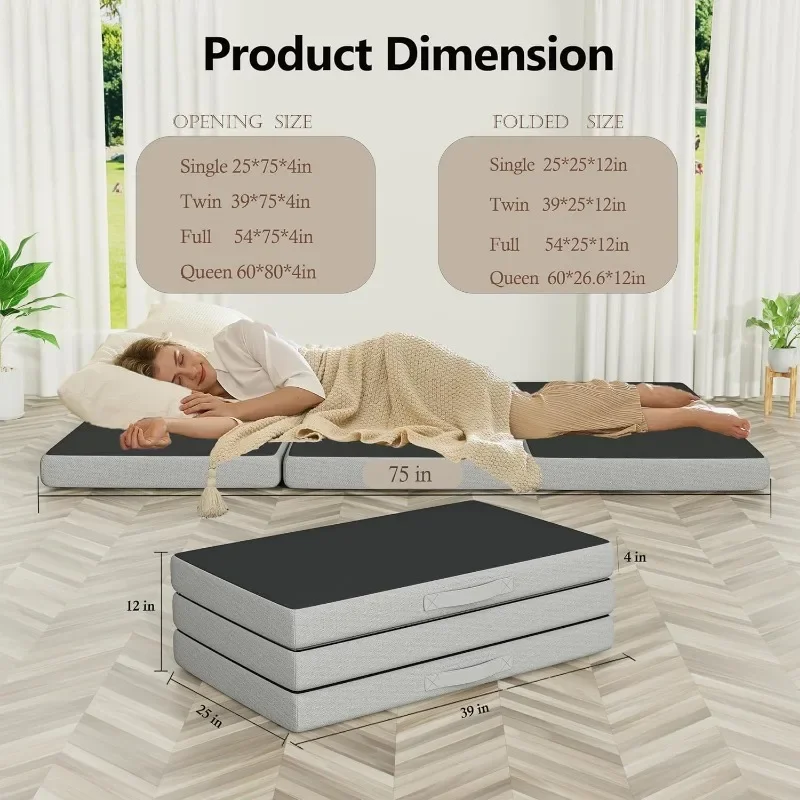 4 Inch Trifold Mattress,Twin Size Memory Foam Mattress, Folding Floor Bed Mattress Futon Mattress Portable Camping Mattress 6