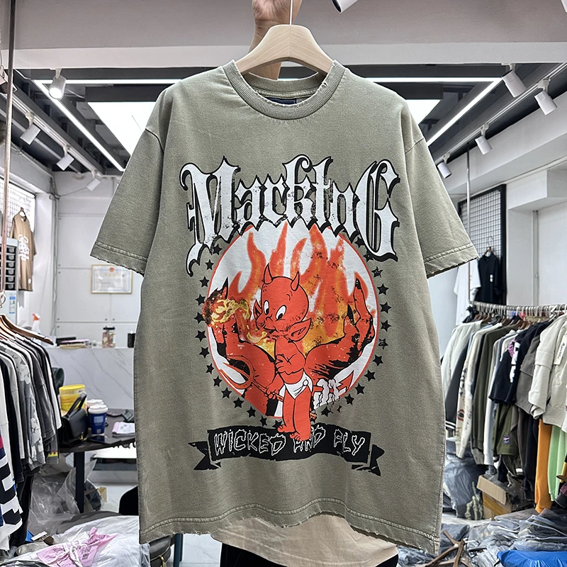 

New Fasion 1:1 Cartoon Anime Small Dragon Print T-shirt Men Women Vintage Nice Washed T Shirt Tops Tee