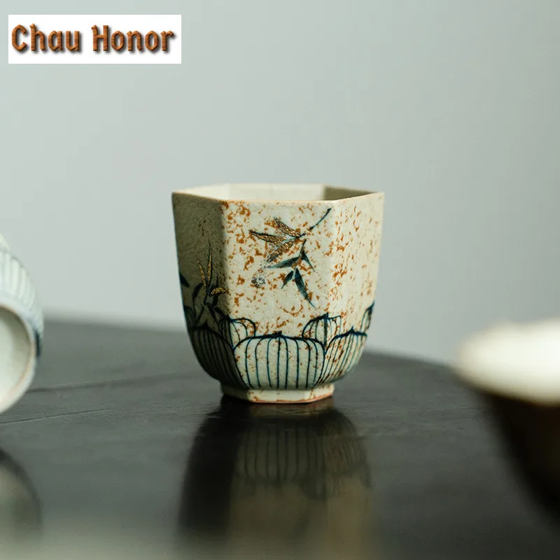 55ml Handmade Gold Drawing Bamboo Shadow Teacup Blue And White Flint Red Personal Master Cup Hexagonal Meditation Cup Drinkware