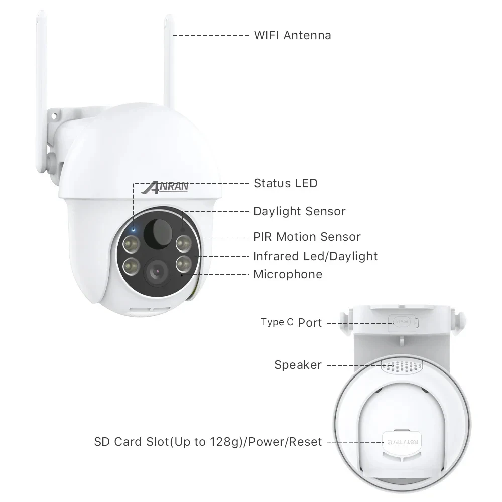 Solar security camera ANRAN 2K 3MP solar battery PTZ camera 360&deg; rotation outdoor wireless humanoid detection siren alarm surveillance camera solar security camera solar camera