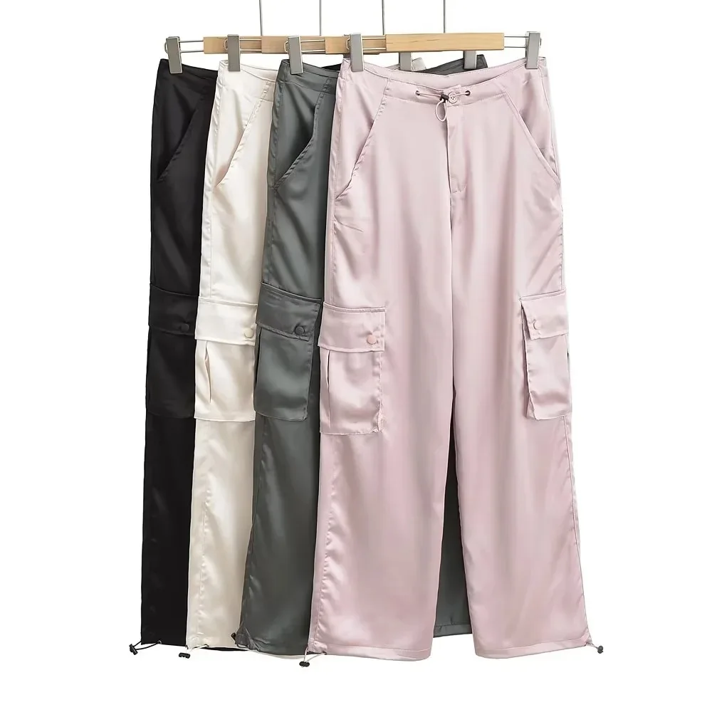 Silk Pink Drawstring Satin Baggy Cargo Pants Women Summer Solid Black Beige Gray Wide Leg Trousers Streetwear Vintage Bottoms 6