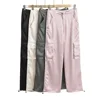 Silk Pink Drawstring Satin Baggy Cargo Pants Women Summer Solid Black Beige Gray Wide Leg Trousers Streetwear Vintage Bottoms 6