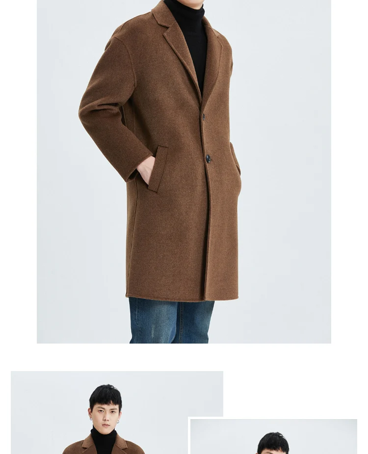 Doppelseitiger Wollmantel aus 100 % Wolle, Herbst-Winter, Herrenmode, mittellanger Anzugkragen, Wollmantel, Jacke, Trenchcoat – Detail 15