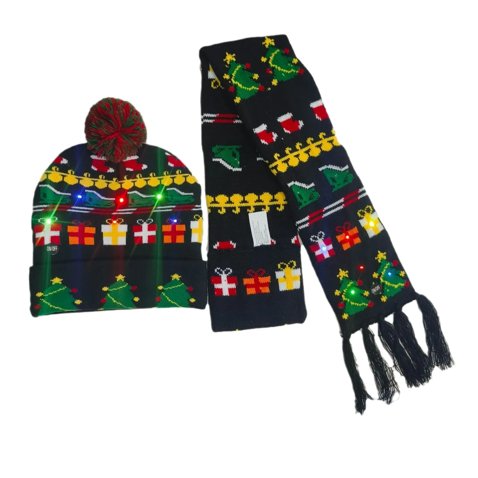 2025 Cute LED Christmas Hat And Scarf Color 6 Leds Flashing Winter Warm Yarn Knitted Cap Christmas Gift For Xmas Party Decor