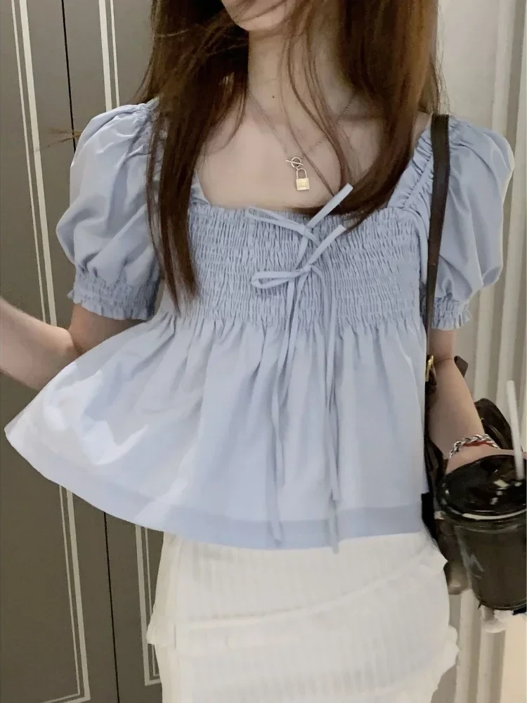 

New Sweet Blouse Women Square Collar Puff Sleeve Tunic Crop Tops 2023 Blusas Mujer De Moda Bow Summer Blouses Korean Cute Shirts
