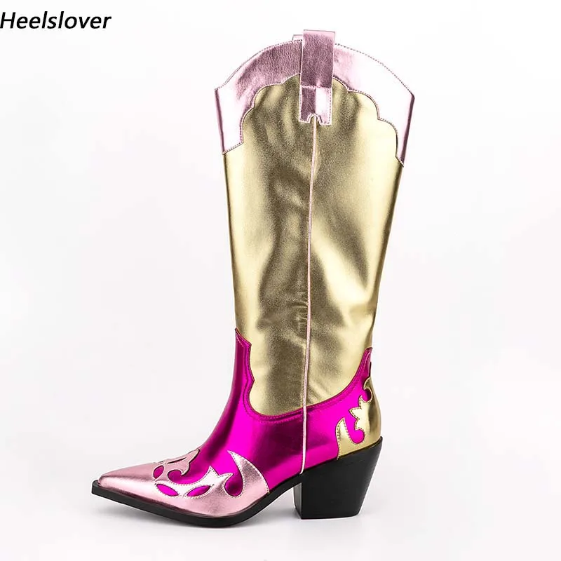 

Женские ботинки до середины икры на блочном каблуке, с острым носком