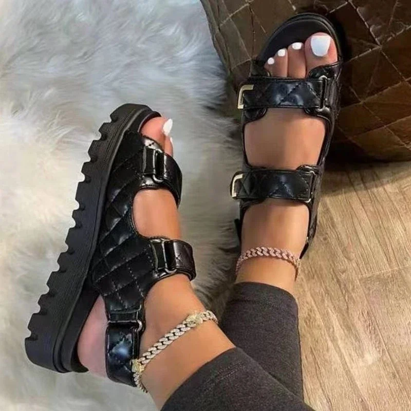 Women Plaid Buckle Strap Sport Sandals Casual Open Toe Beach Anti-Slip Platform Flat