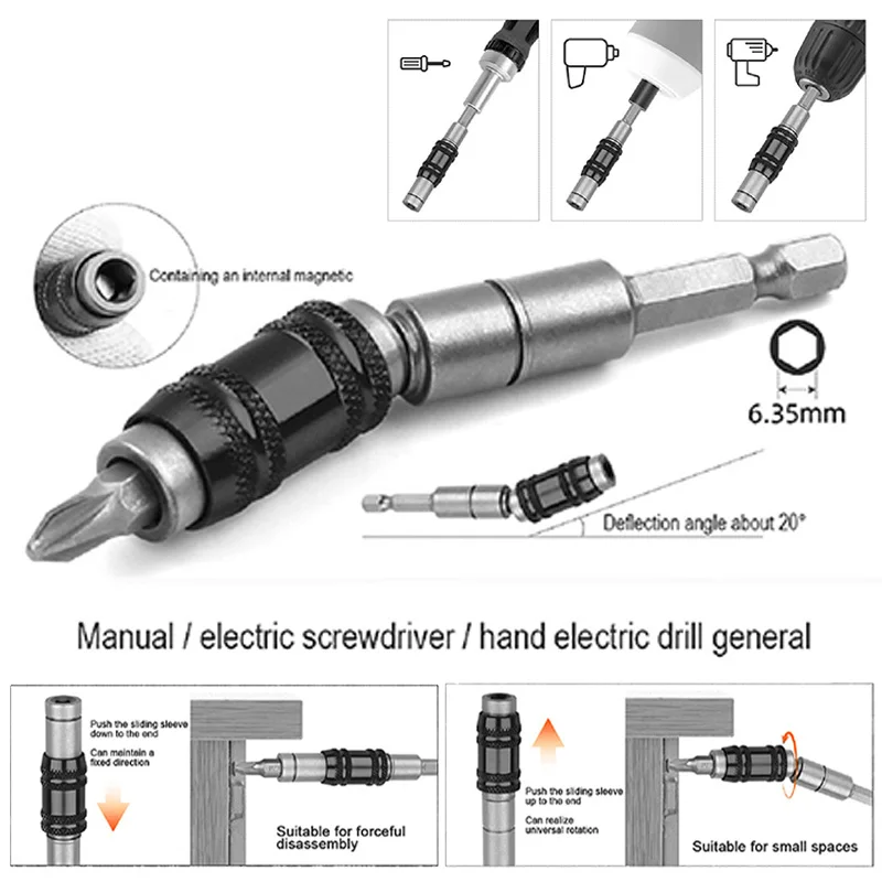 Punte per cacciavite ad anello magnetico esagonale da 1/4 "Punta per trapano Asta di prolunga con angolo da 0 a 20° Supporto a cambio rapido Utensili manuali per lavorazione del legno_voghion.com