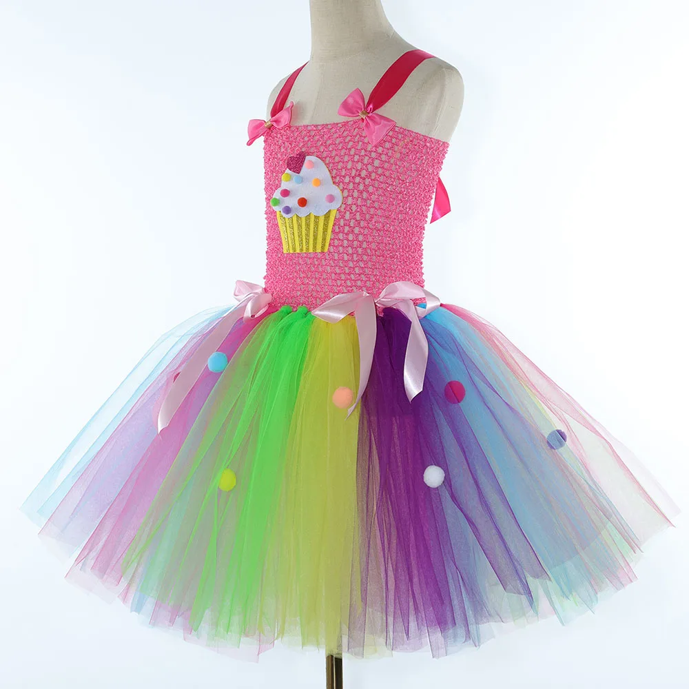 Girls Candyland Cupcake Costume Kids Rainbow Dessert Candy Cake Tutu Dress Toddler Girls Birthday Party Princess Dress Ball Gown