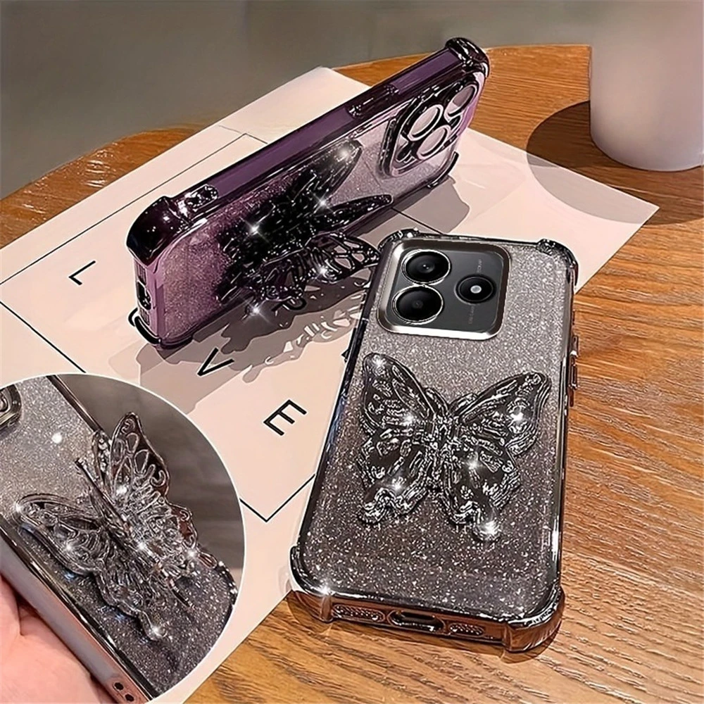 Glitter Plating Butterfly Holder Phone Case with Bracelet - Soft Silicone Shockproof Cover