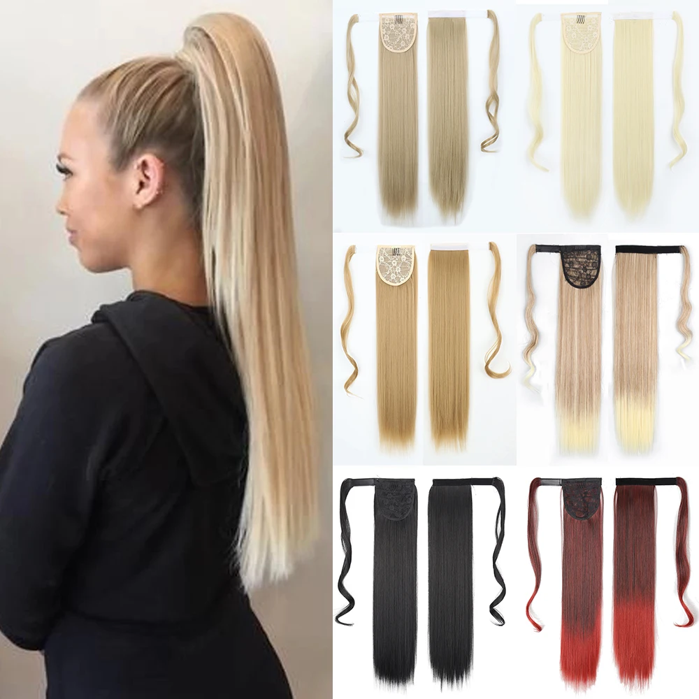 Azqueen Synthetic Long Straight Wrap Around Clip In Ponytail Hair Extension Heat Resistant Pony Tail Fake Hair