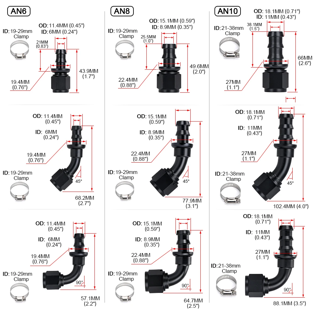 2 Raccordi In Alluminio Nero AN8 3/8 NPT Maschio A 1/2 Tubo - 45 Gradi Barra
