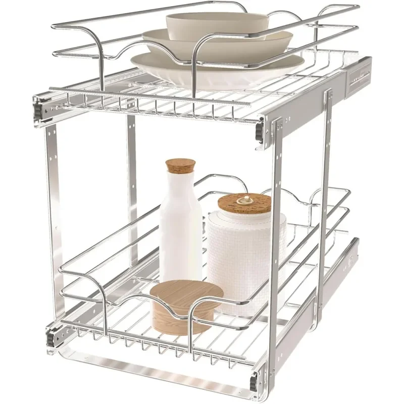 2-Tier Kitchen Cabinet Pull Out Shelf Drawer Organizer Slide Out Pantry Storage Basket Multiple Sizes