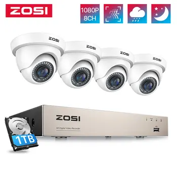 ZOSI 홈 보안 카메라 시스템, 실내 야외 감시 돔 카메라, 8CH, 1080P, H.265 +, 5MP 라이트, 8 채널 CCTV DVR, 4 개, 2MP