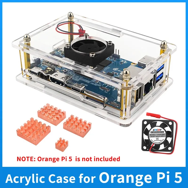 Orange Pi 5 Acrylic Case Transparent Enclosure Clear Shell Optional Cooling Fan Copper Aluminum Heat Sinks for Orange Pi 5