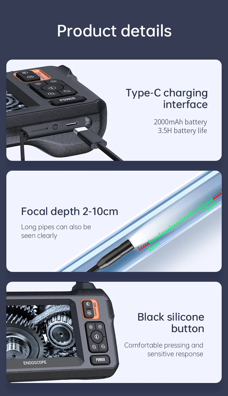 Industrielle Endoskopkamera 8 mm HD1080P 4,3-Zoll-IPS-Bildschirm 1080P Rohrinspektionskamera für Autoreparatur IP67 wasserdicht 8 LEDS – Detail 12