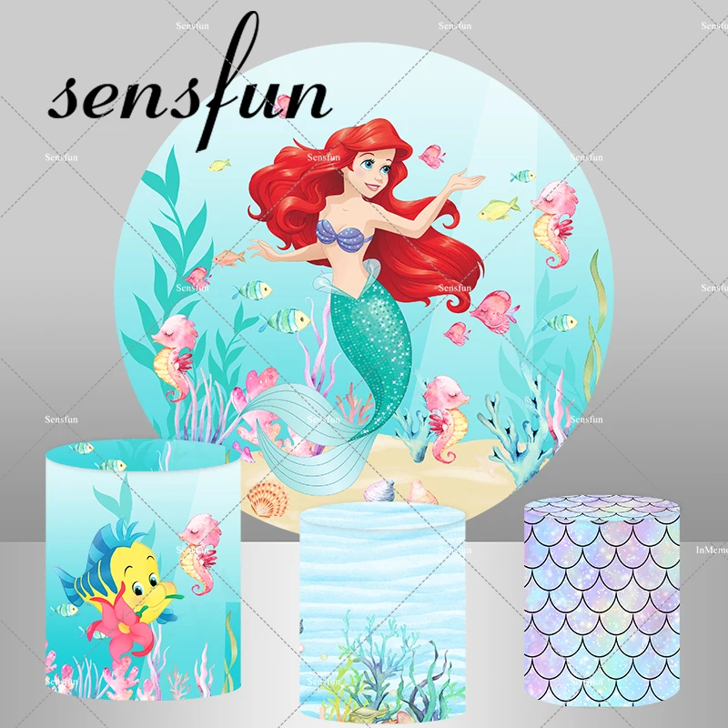 Sirenetta Ariel Princess Girls Birthday Party Round Fondale Cover Under The Sea Circle Background Dessert Table Banner