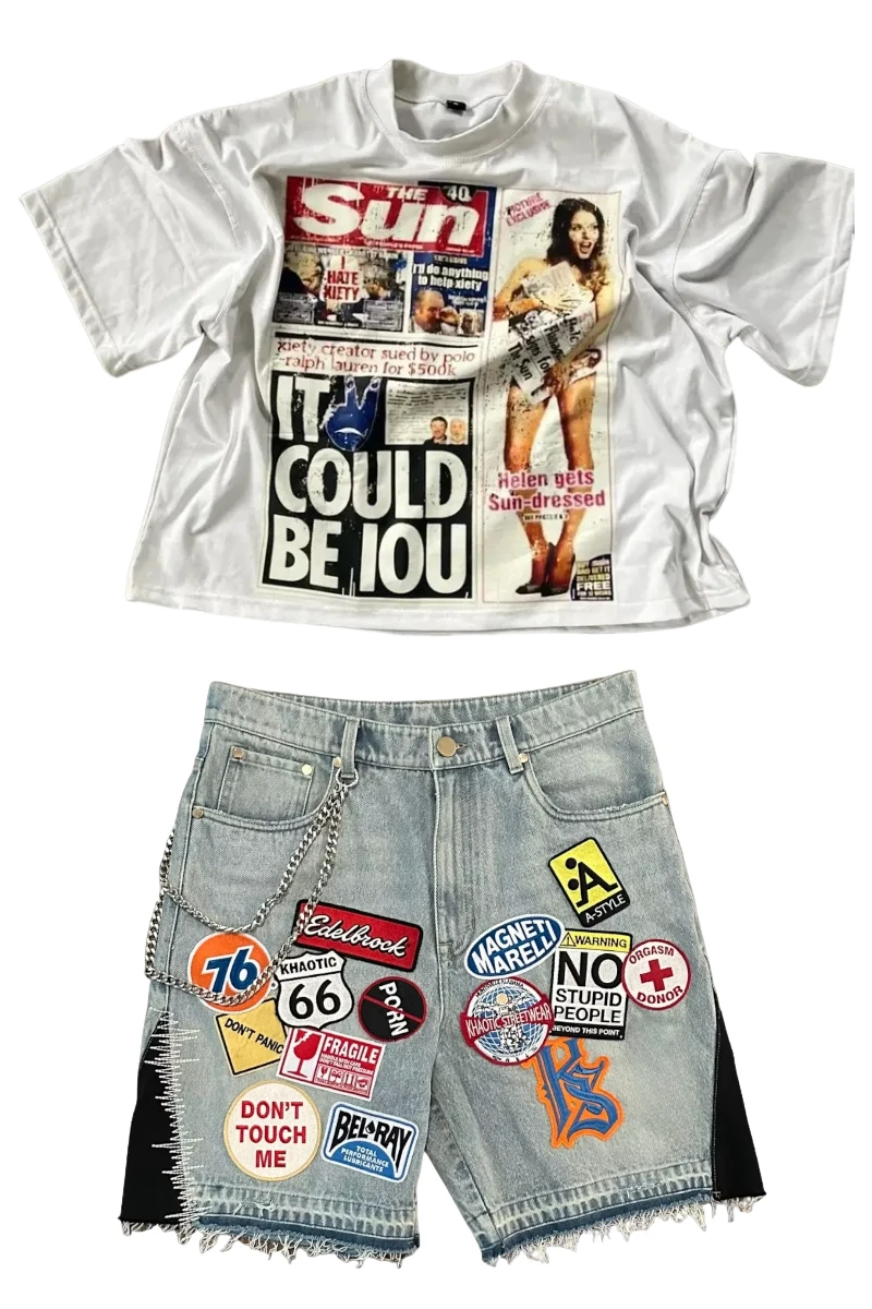 Y2k Streetwear Newspaper Shirts Patchwork Denim Short Jeans Two-piece set Women Men Baggy Low Waist Pants Casual Mens Clothes