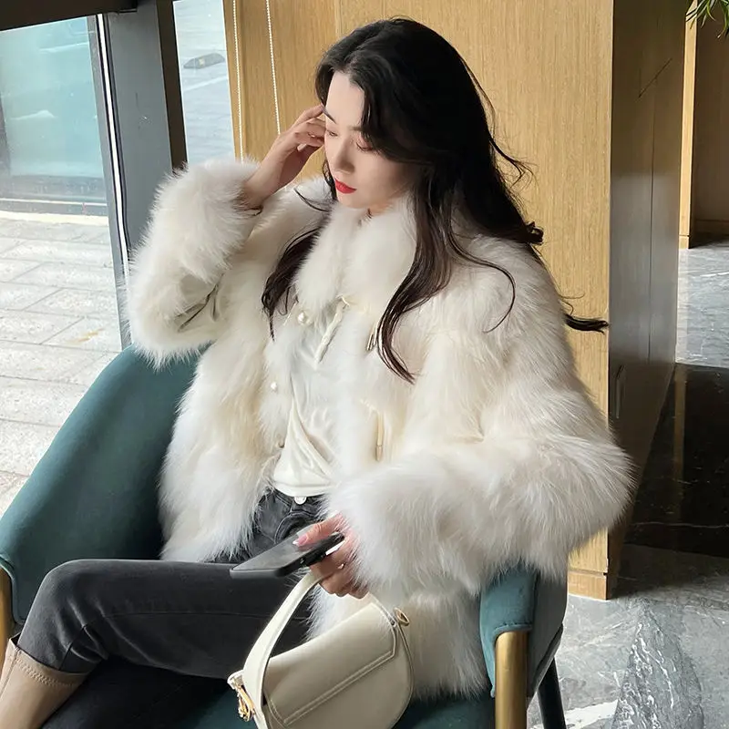 Pearl Button Fluffy Fur Coat Women Warm Faux Fox Fur Coat Luxury Brand Designer Clothing Stand Up Collar Long Sleeve Korean Chic